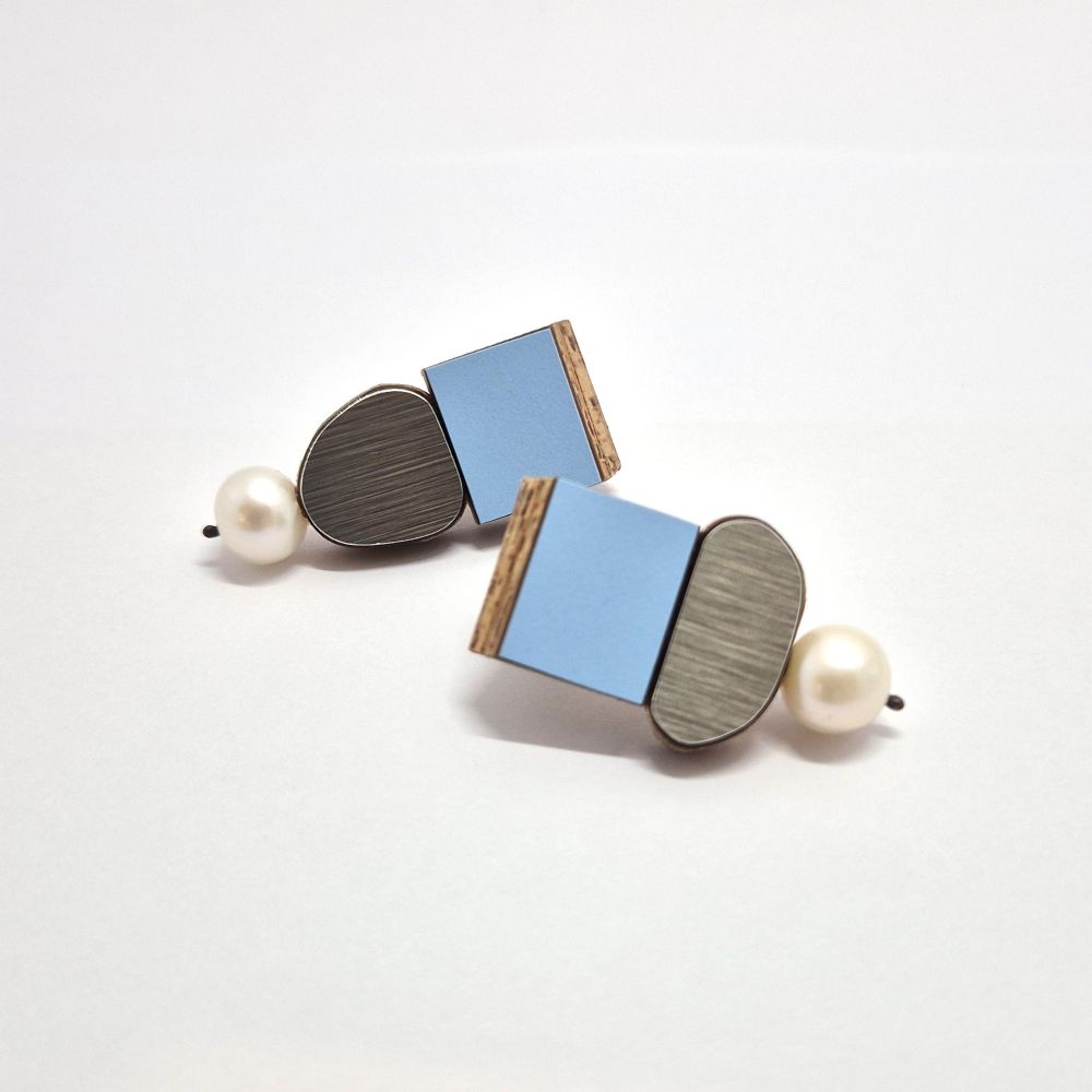 Boucles d'oreilles Perles Bleu Ciel + Gris Métallisé